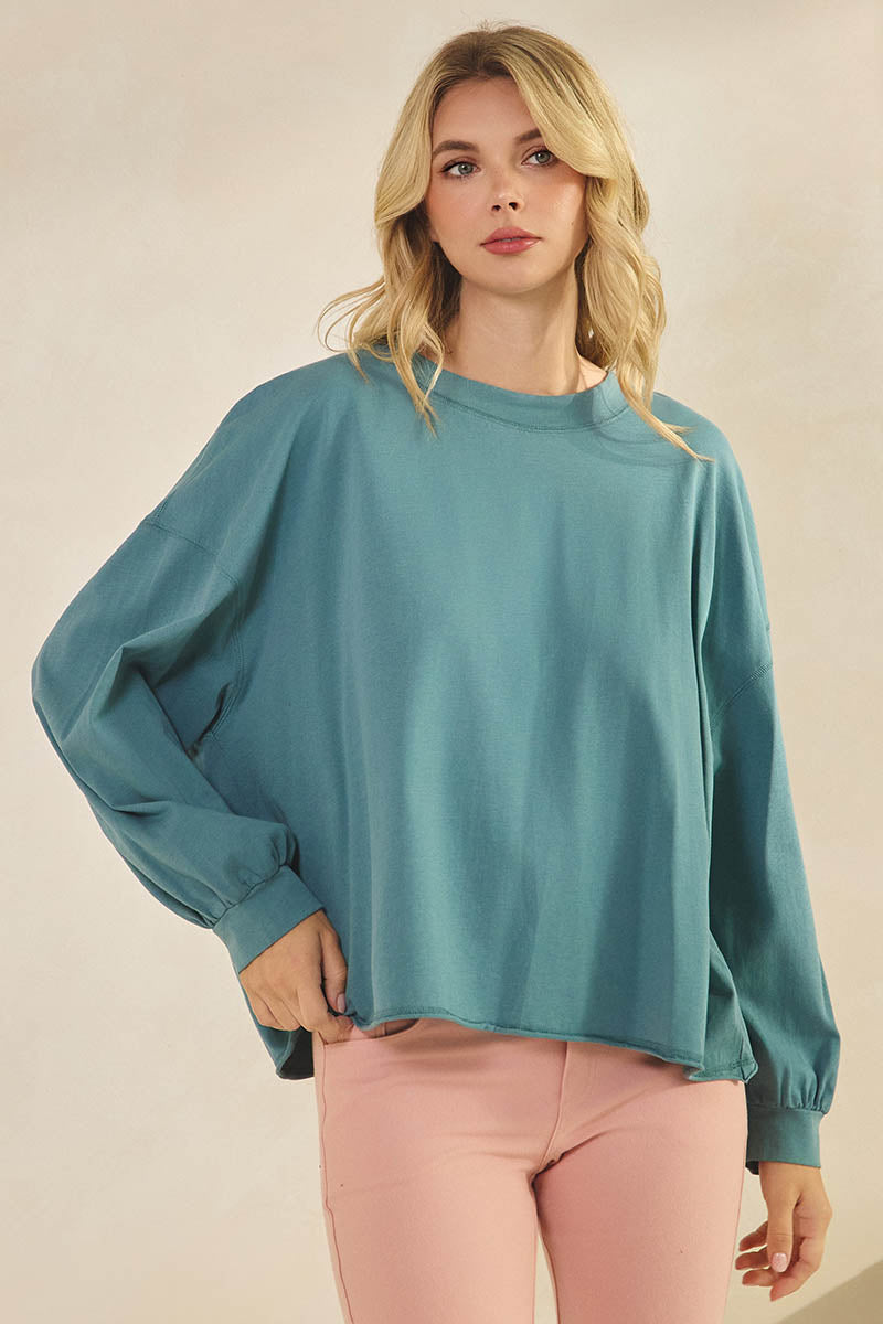 Weekend Flow Relaxed Fit Lightweight Cotton Long Sleeve Top, Retro Blue