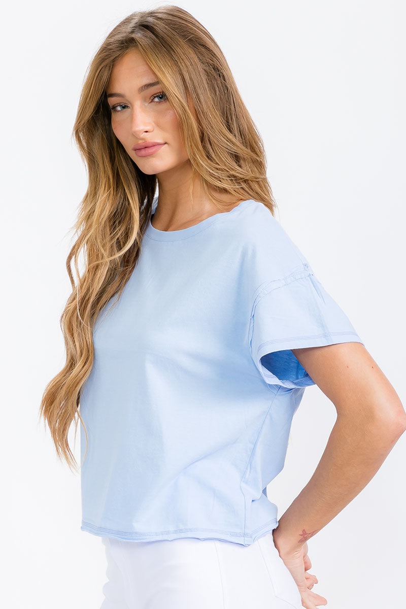 Light Blue Women’s Short Sleeved Rebel Raw Edge Oversized Short Tee, Available in Small to Large