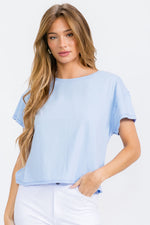Light Blue Women’s Short Sleeved Rebel Raw Edge Oversized Short Tee, Available in Small to Large