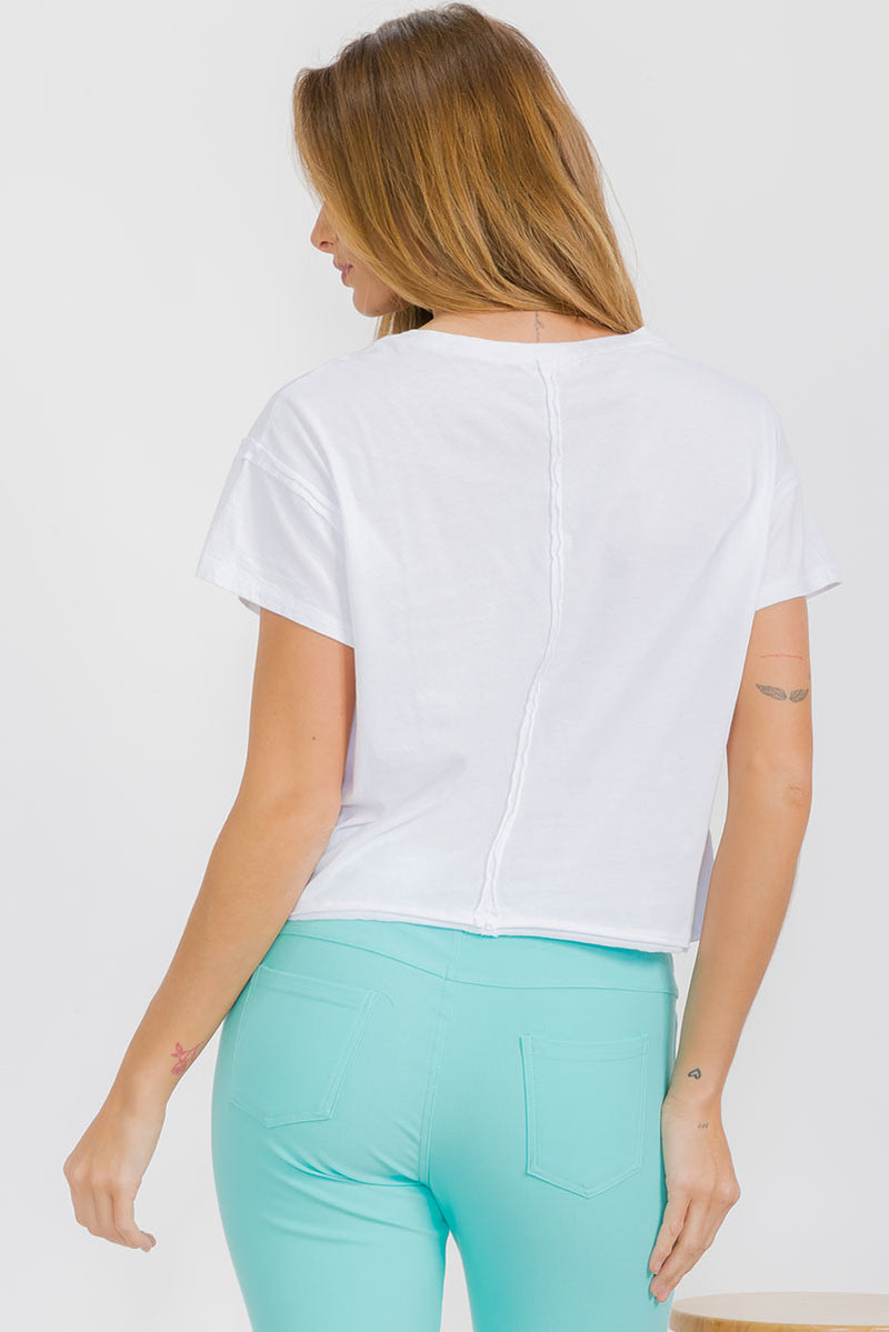 White Women’s Short Sleeved Rebel Raw Edge Oversized Short Tee, Available in Small to Large