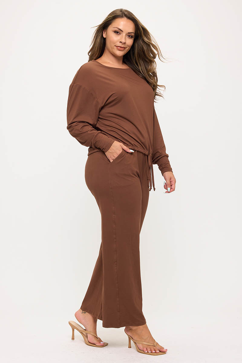 Women’s Relaxed Fit Tie Hem Long Sleeve Top and Loose Fit Pants
