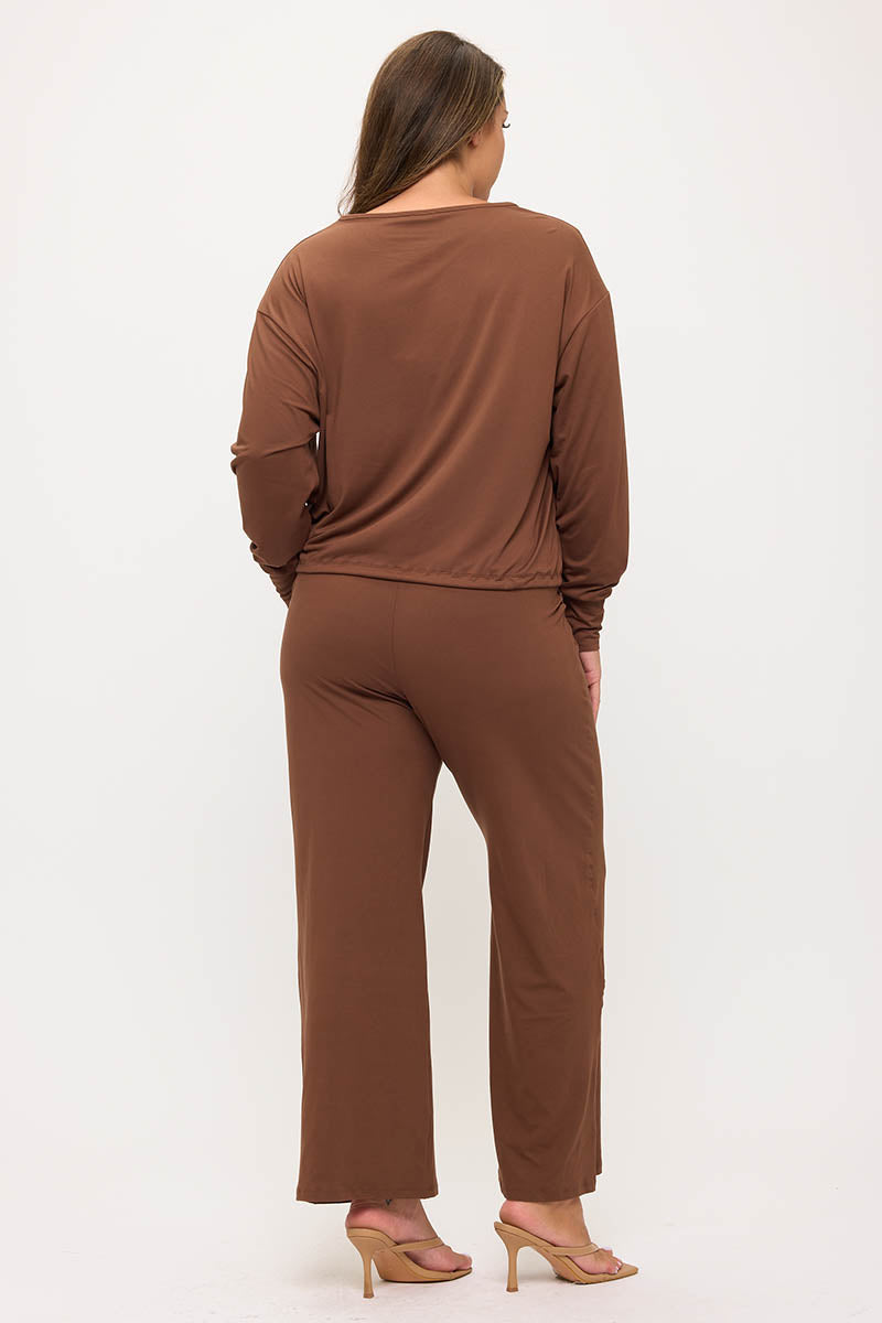 Women’s Relaxed Fit Tie Hem Long Sleeve Top and Loose Fit Pants