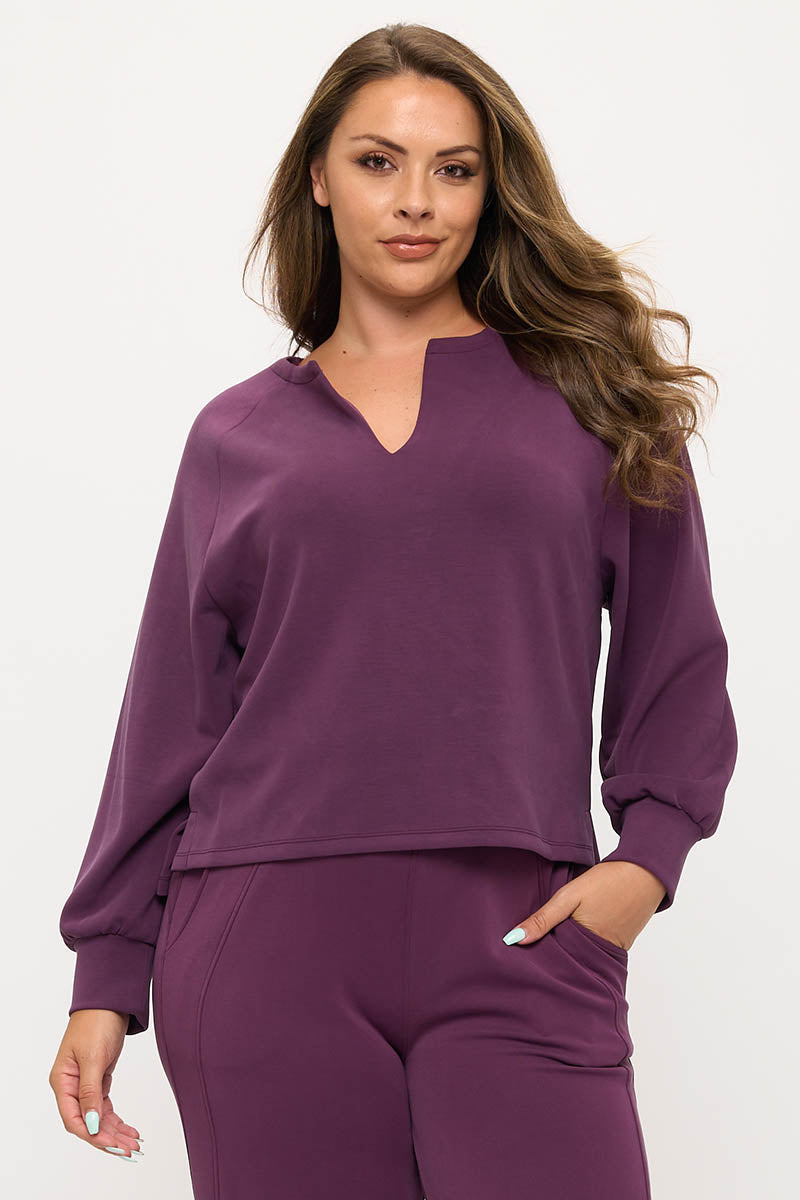 Plus Size Comfort Drape Raglan Split V Top