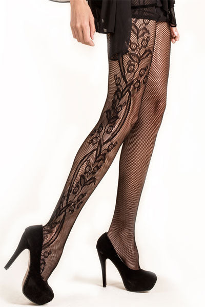Side Whimsical Floral Inset Fishnet Tights ICONO FLASH