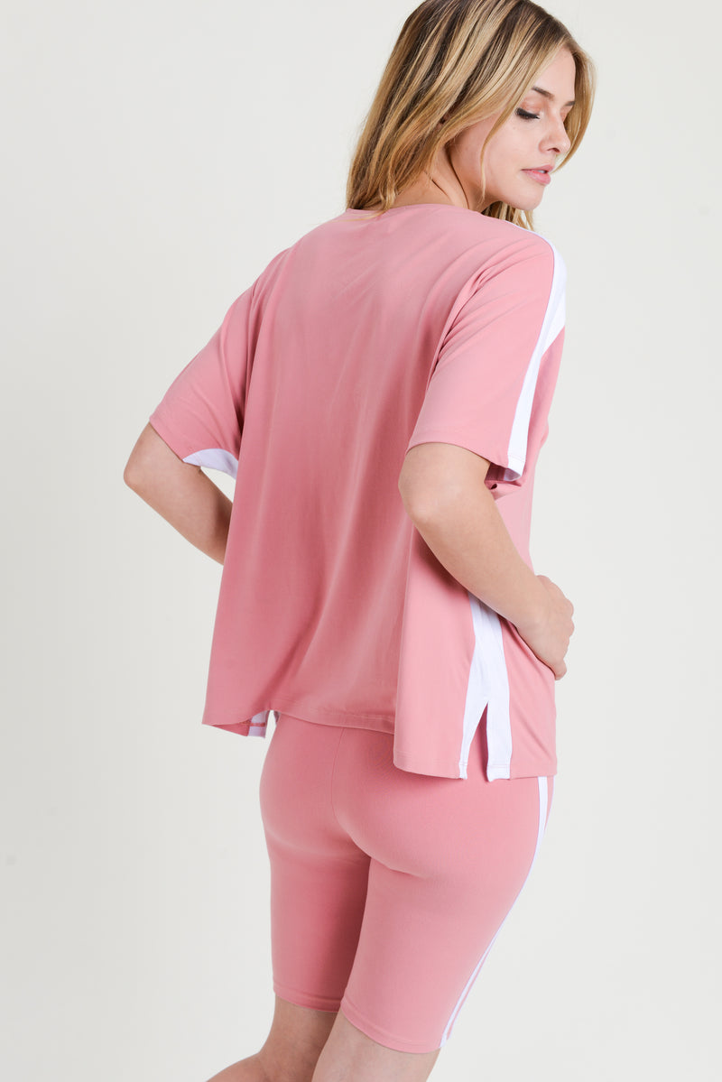pink white oversized t-shirt bike shorts for women 