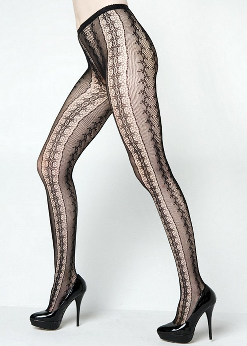 Fishnet Stocking Tights with Embellished Vintage Border Patterns and Lace Style Designs