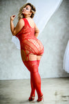 Plus Size High Neck Lace Keyhole Garter Fishnet Bodystocking with Thong
