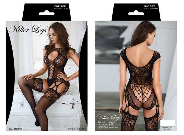Criss Cross Detail Fishnet Dress with Sleeves and Thong
