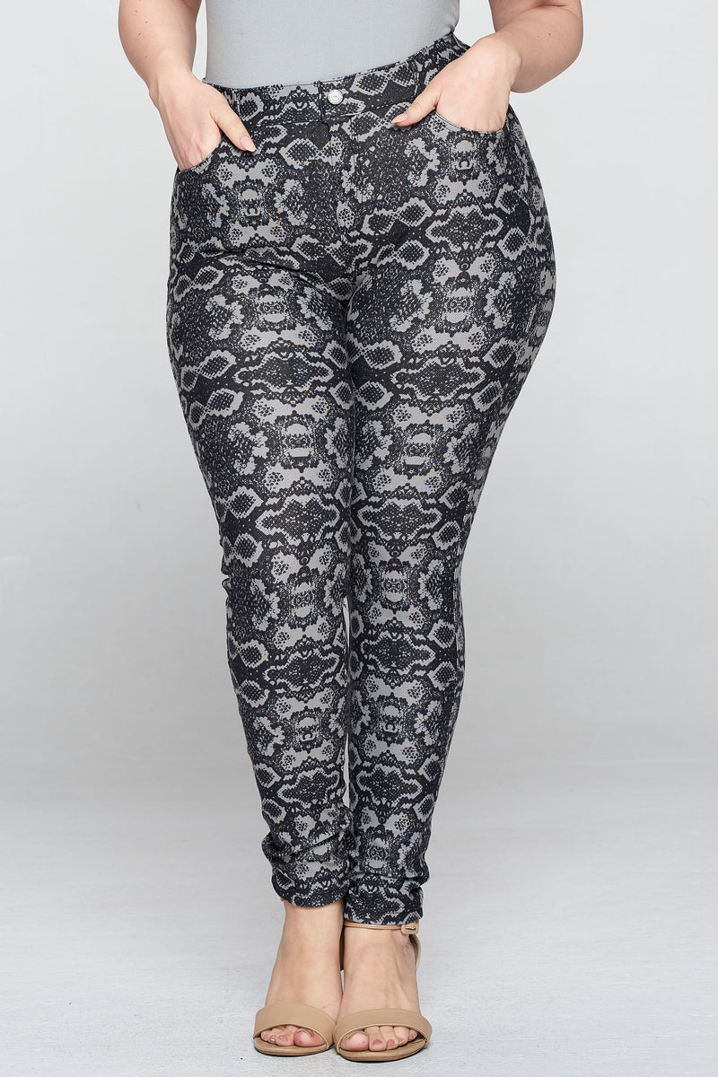 Plus Size Snake Print 5-Pocket Jeggings with Belt Loops