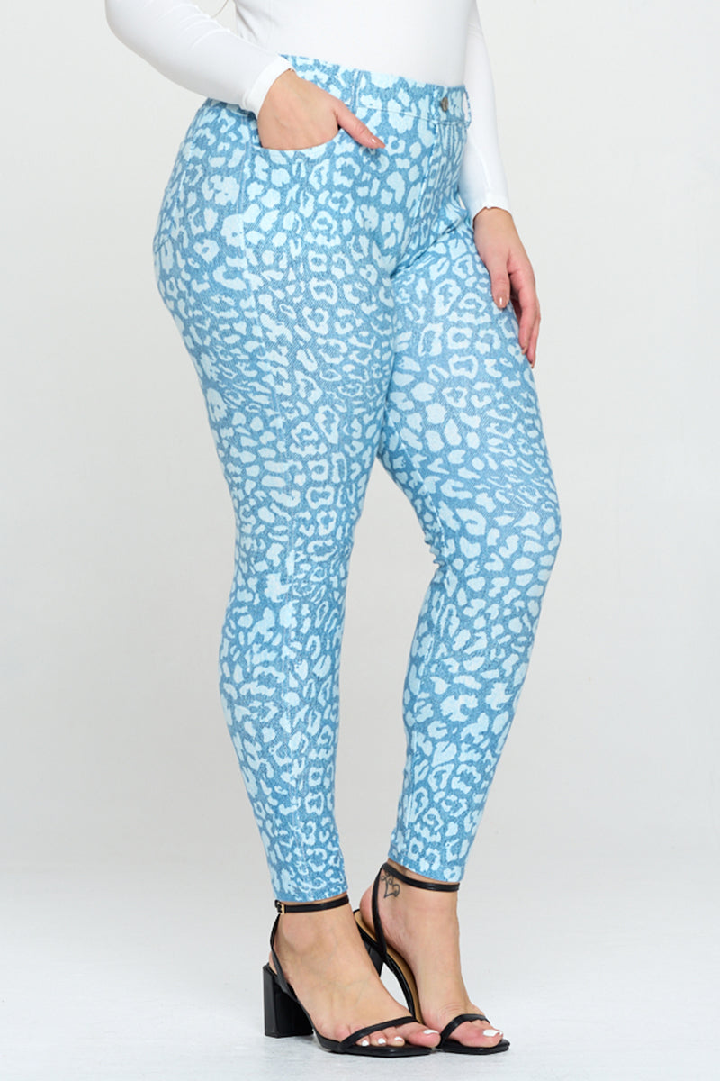 Plus Size Icy Leopard Print Jeggings with Belt Loops