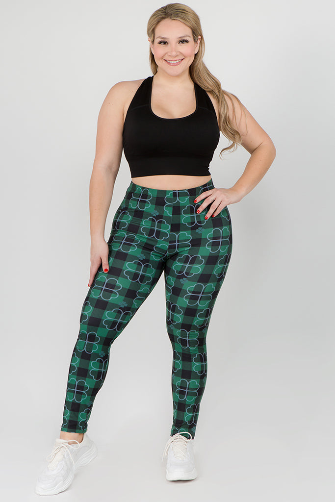 Plus Size Stay Lucky Green Clover Printed Leggings