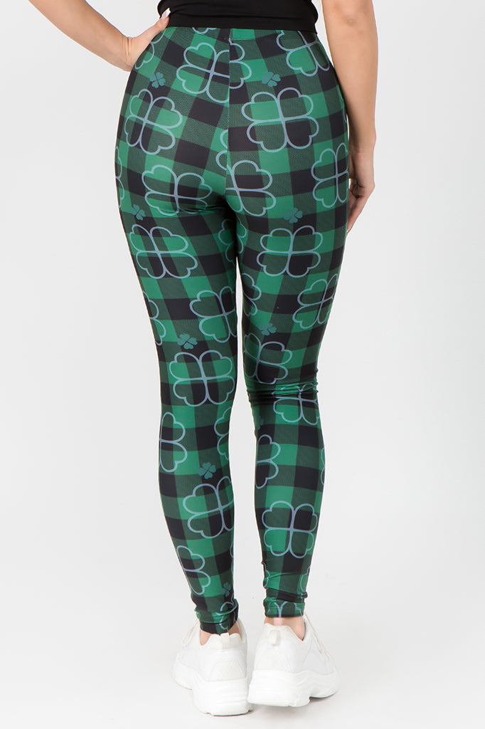 Stay Lucky Plaid 4-Leaf Clover Printed Leggings