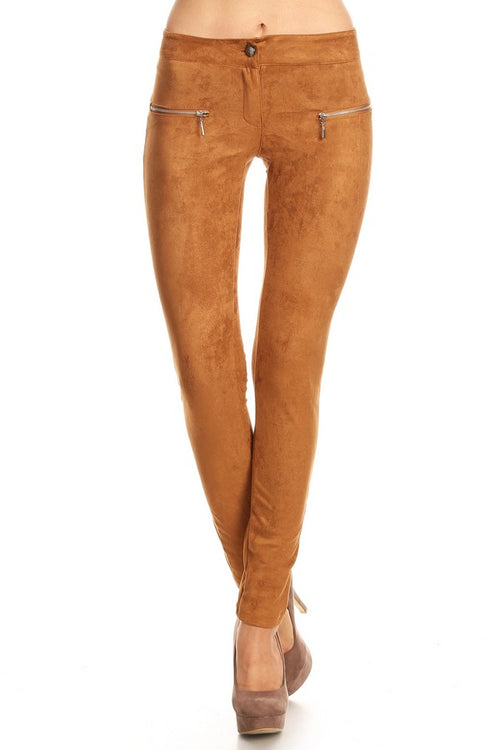 khaki faux suede women's skinny pants