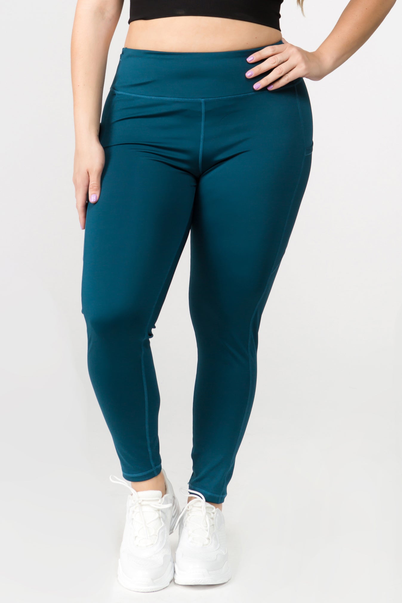 High Waisted Plus Size Gym Tights Black with Teal Shapes Accents