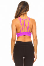 purple strappy back workout bra