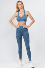 denim blue sports bra compression workout leggings