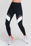 black stretchy high waist leggings with pocket mesh colorblock