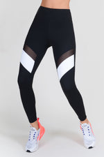 black stretchy high waist leggings with pocket mesh colorblock