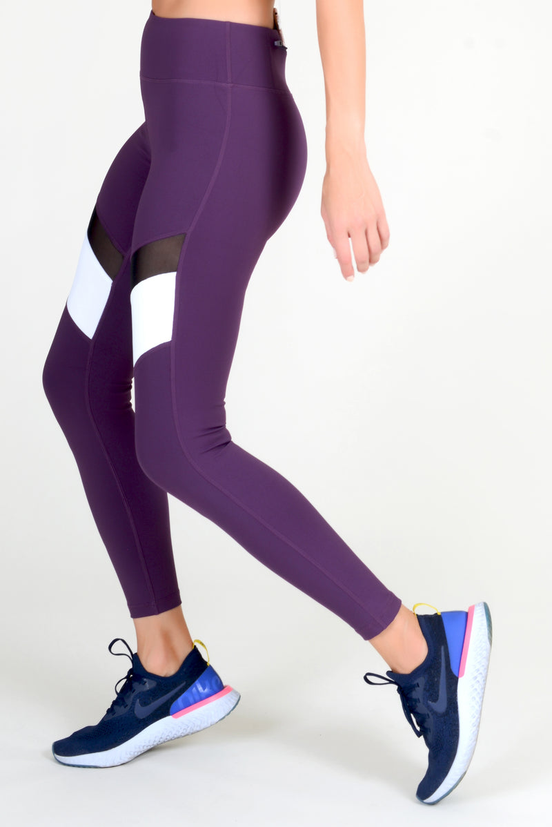 purple high rise running leggings with pockets