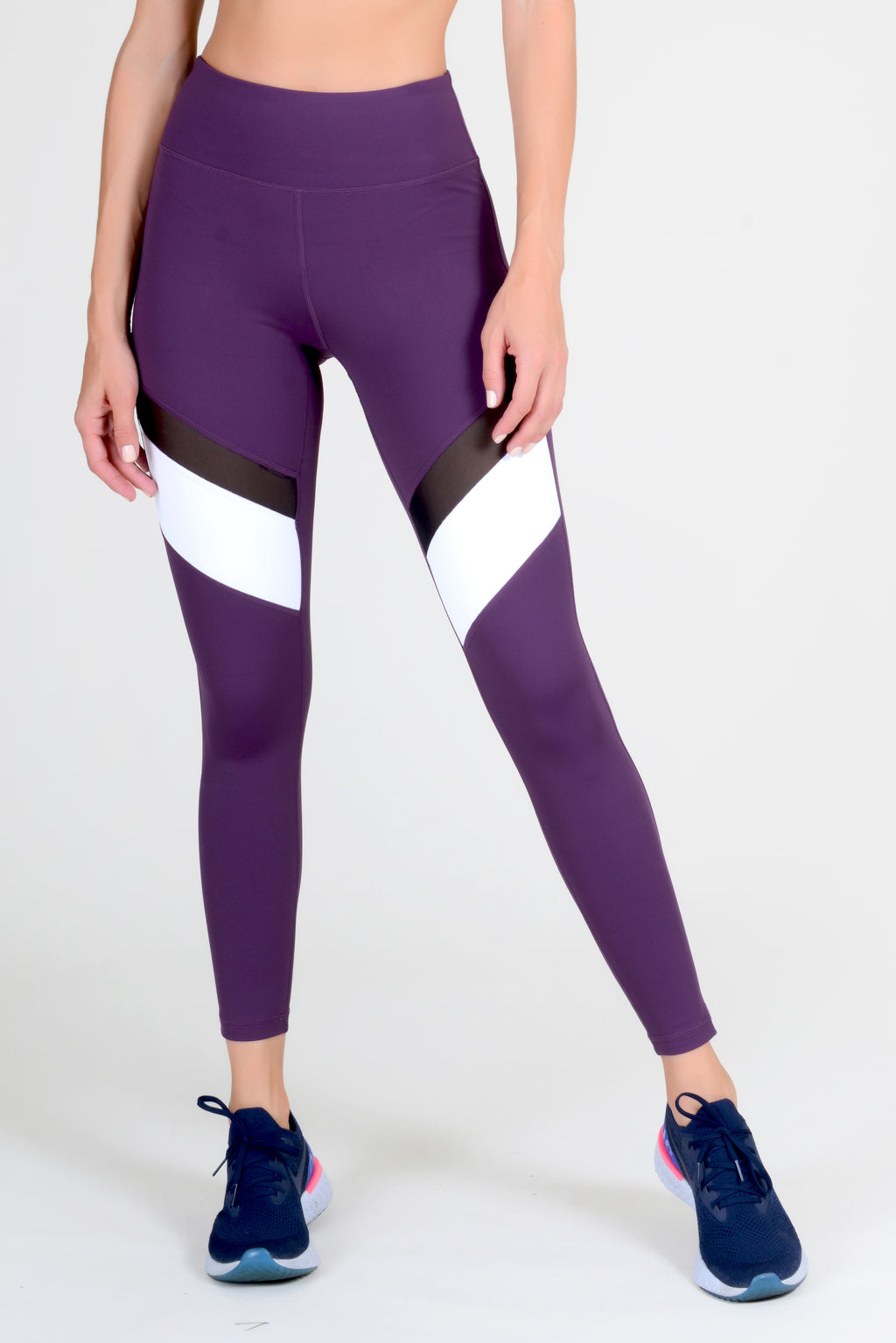 purple high waist workout leggings with mesh colorblock 