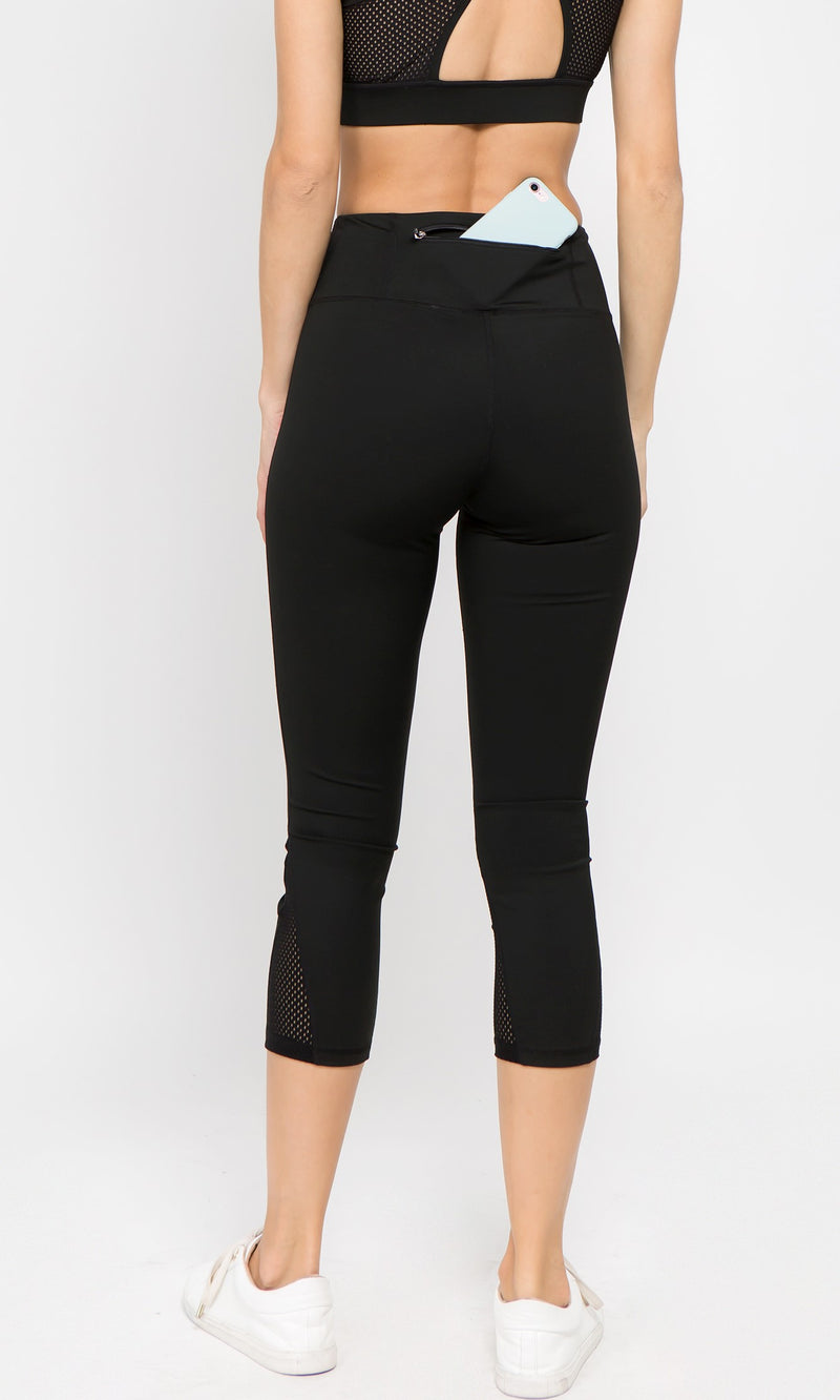 black mesh capri leggings with pocket