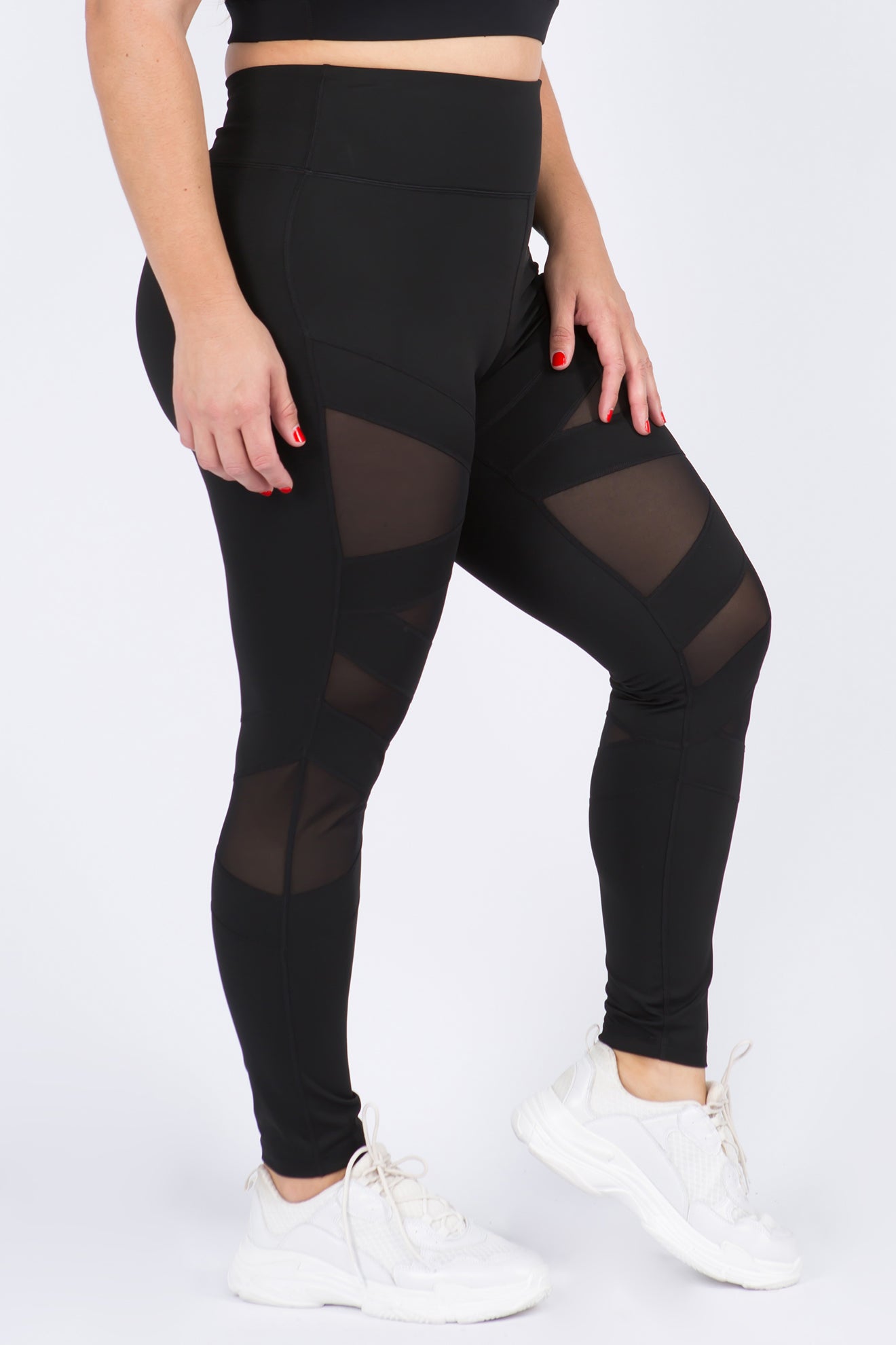 Plus Size Sports Leggings, Women's Plus Solid Pipping Contrast Mesh High *  Medium Stretch Skinny Leggings With Phone Pocket
