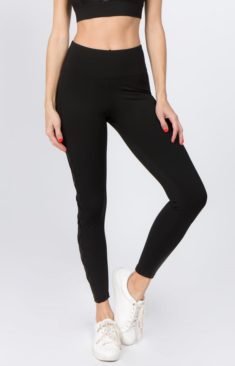 YELETE Women's Active Mesh Striped Single Pocket Leggings Black XL 