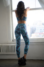 Cool Toned Palm Leaf Pattern Active Sports Bra and Leggings Set