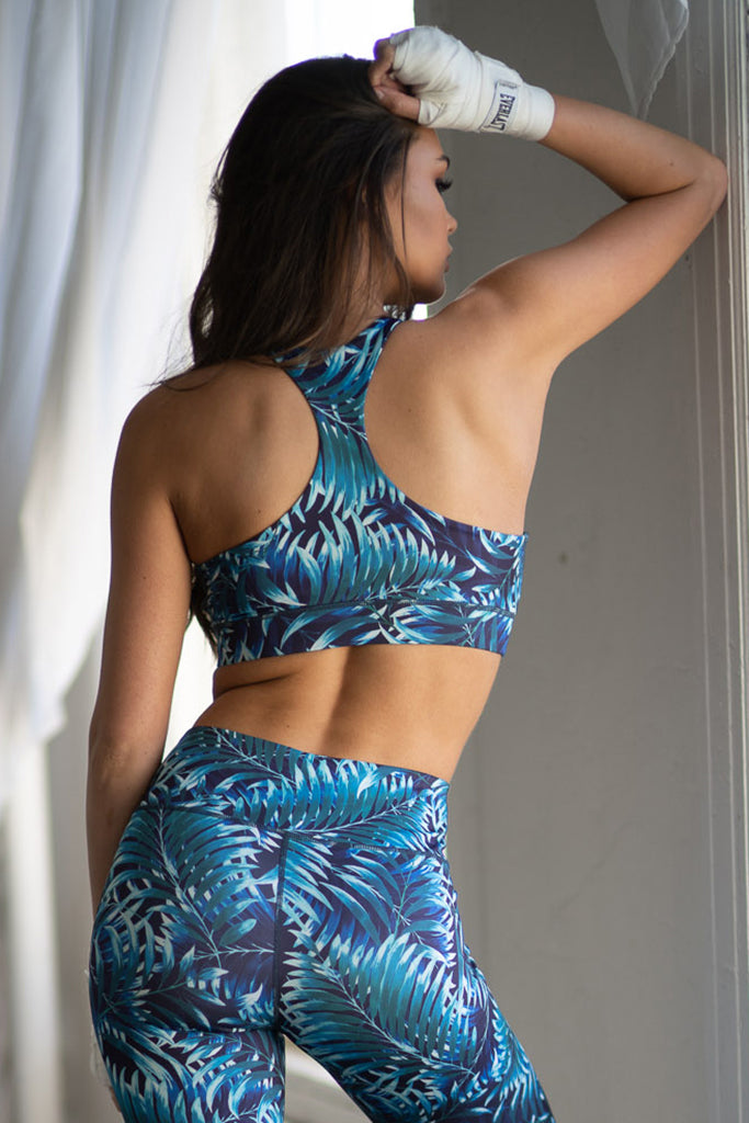Cool Toned Palm Leaf Pattern Active Sports Bra