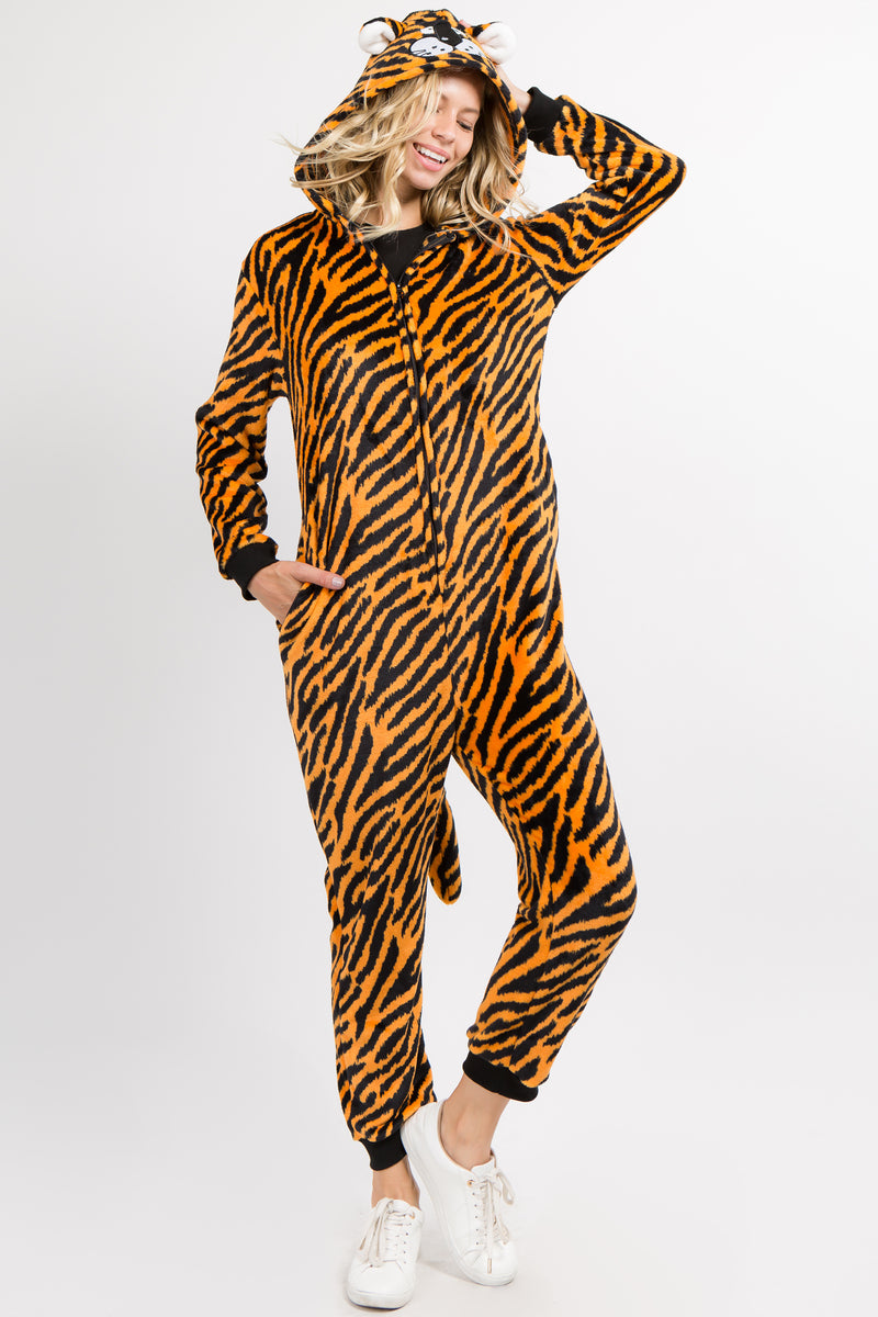 Plush Striped Tiger Animal Onesie Pajama Costume