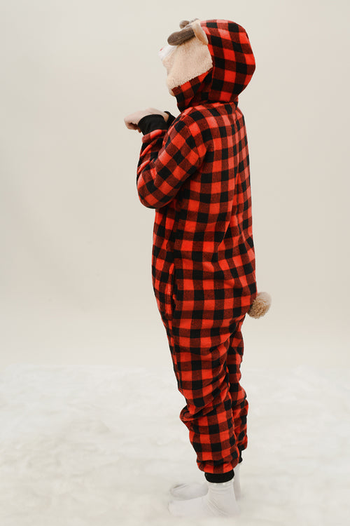Kid's Plush Plaid Reindeer Animal Onesie Pajama Costume