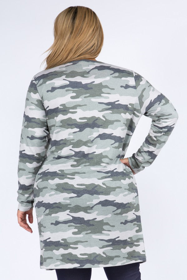 Plus Size Camouflage Cardigan with Pockets