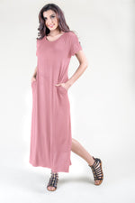short sleeve pink maxi t-shirt dress with pockets