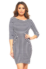 navy blue striped 3/4 sleeve dresses