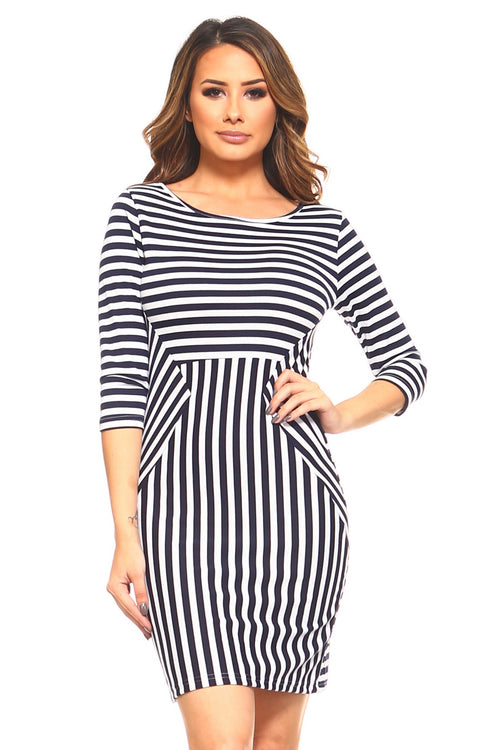 navy blue striped 3/4 sleeve dresses