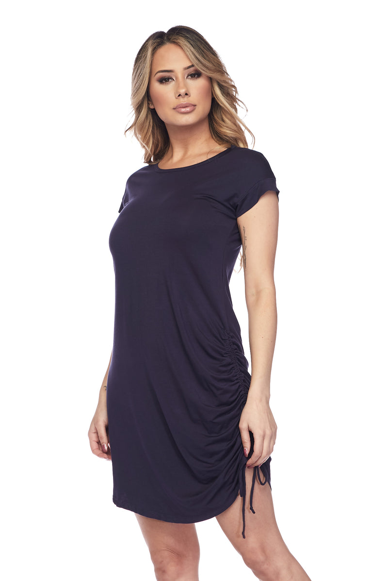 navy blue short sleeve tunic dress with ruched side