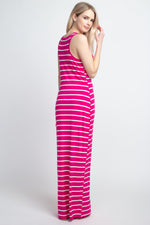 hot pink sleeveless striped maxi bodycon dress