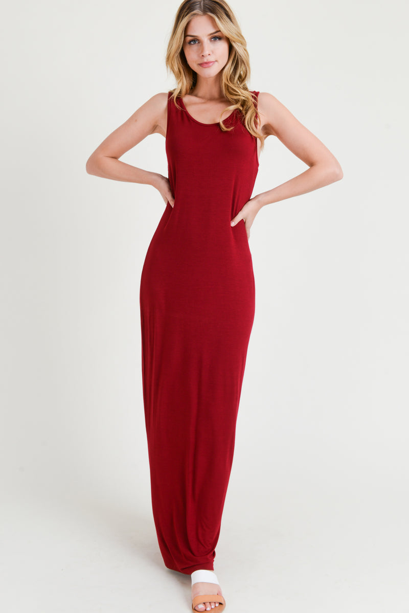 burgundy sleeveless maxi dress