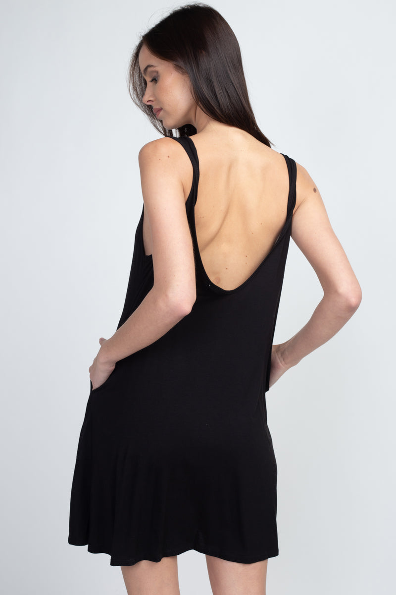 black low cut back dress with pockets