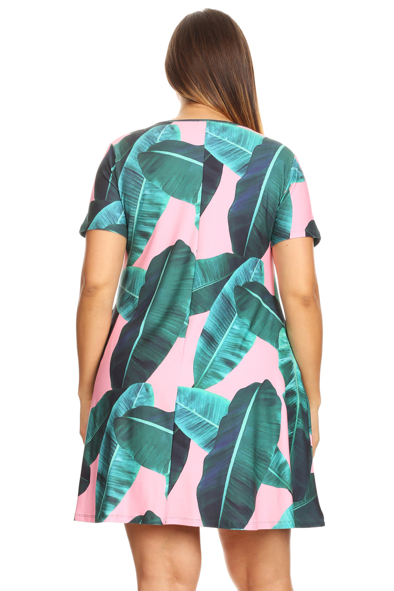 Plus Size Tropical Resort Palm Leaf Print Short Sleeve Swing Dress