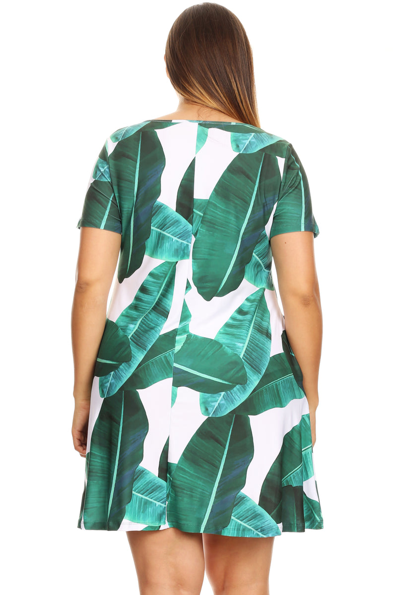Plus Size Tropical Resort Palm Leaf Print Short Sleeve Swing Dress