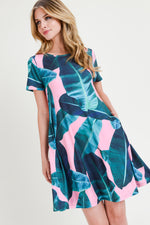 Tropical Resort Palm Leaf Print Short Sleeve Swing Dress
