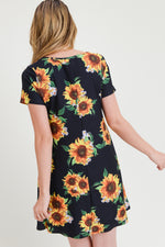 Sunflower Print Short Sleeve Fit and Flare Dress