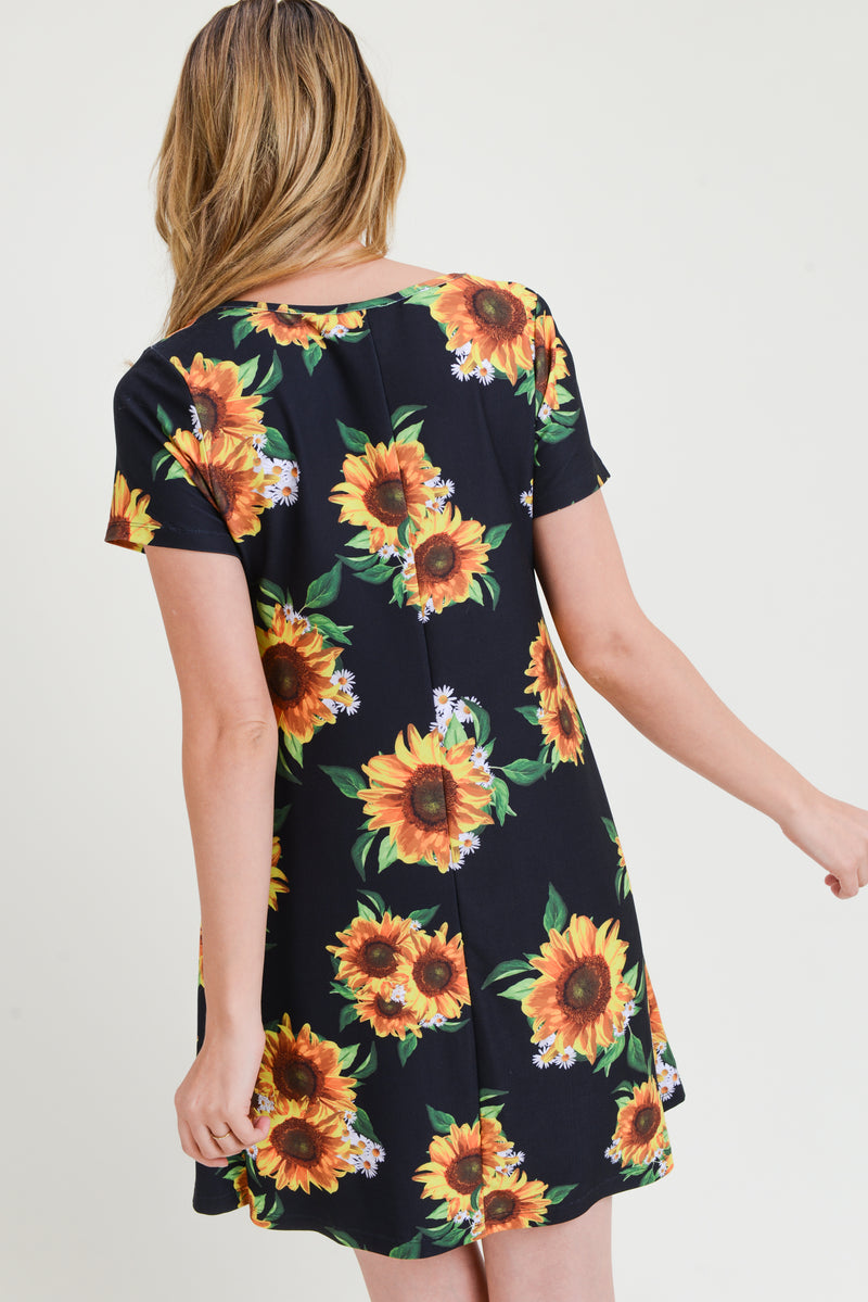 Sunflower Print Short Sleeve Fit and Flare Dress – ICONOFLASH