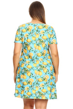 Plus Size Refreshing Lemon Print Short Sleeve Fit and Flare Dress