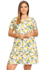 Plus Size Refreshing Lemon Print Short Sleeve Fit and Flare Dress