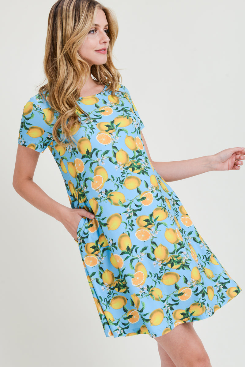 Refreshing Lemon Print Short Sleeve Fit and Flare Dress