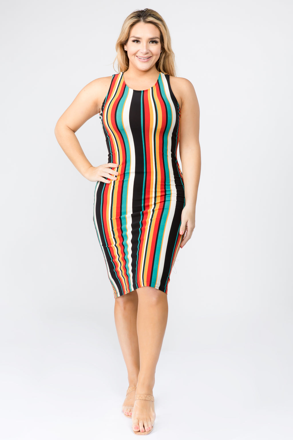 Plus Size Barcelona Multicolored Striped Bodycon Dress ICONO FLASH