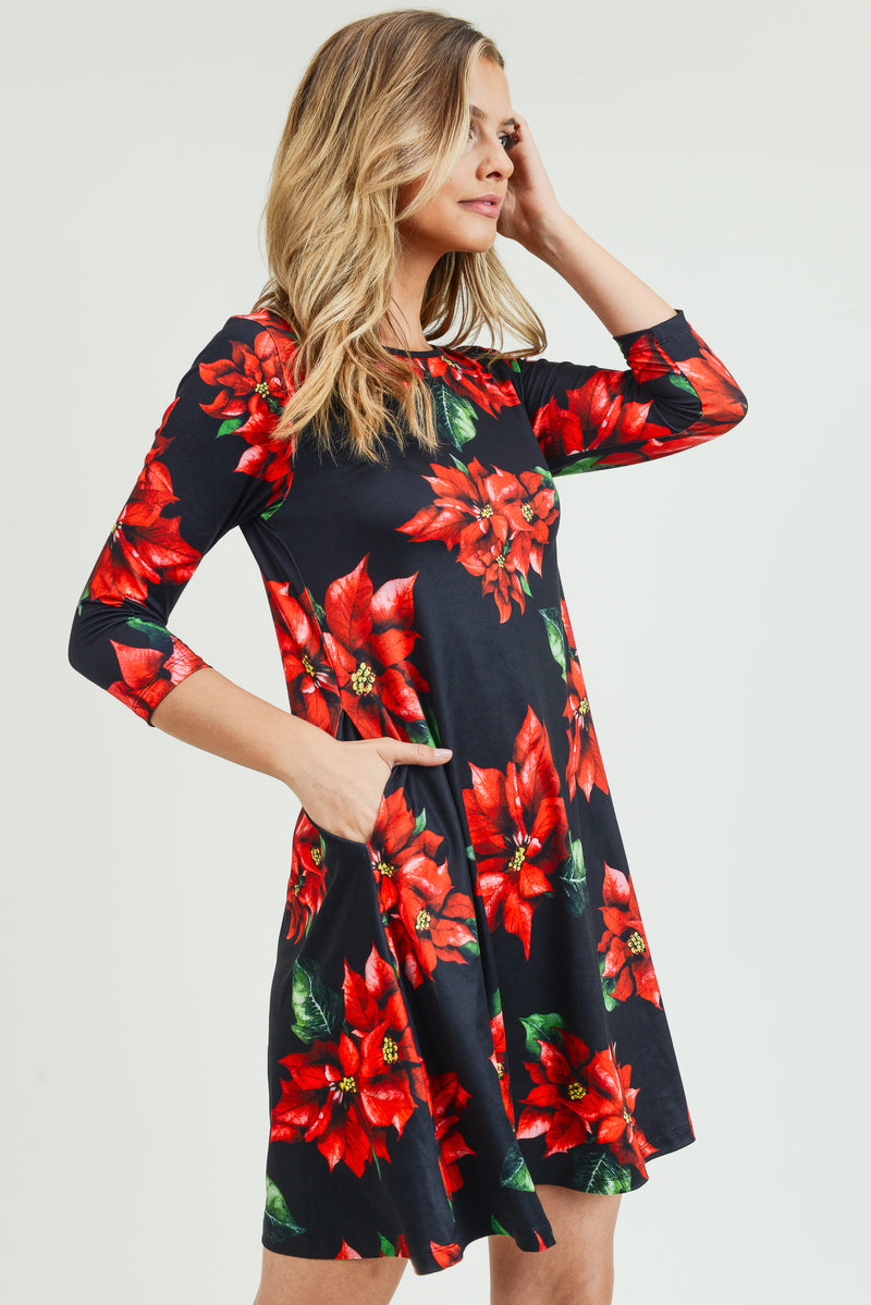 Blooming Poinsettia Christmas Dress with Pockets