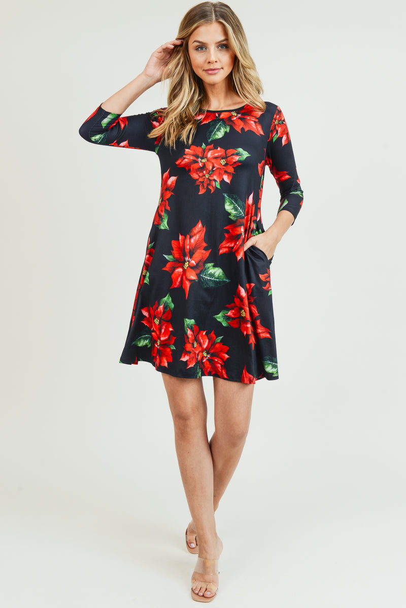 Blooming Poinsettia Christmas Dress with Pockets
